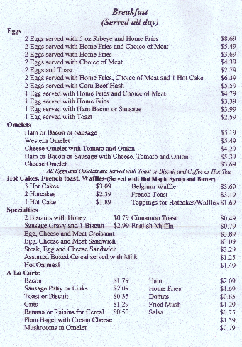 Bush's Restaurant Hocking Hills Ohio Breakfast Menu