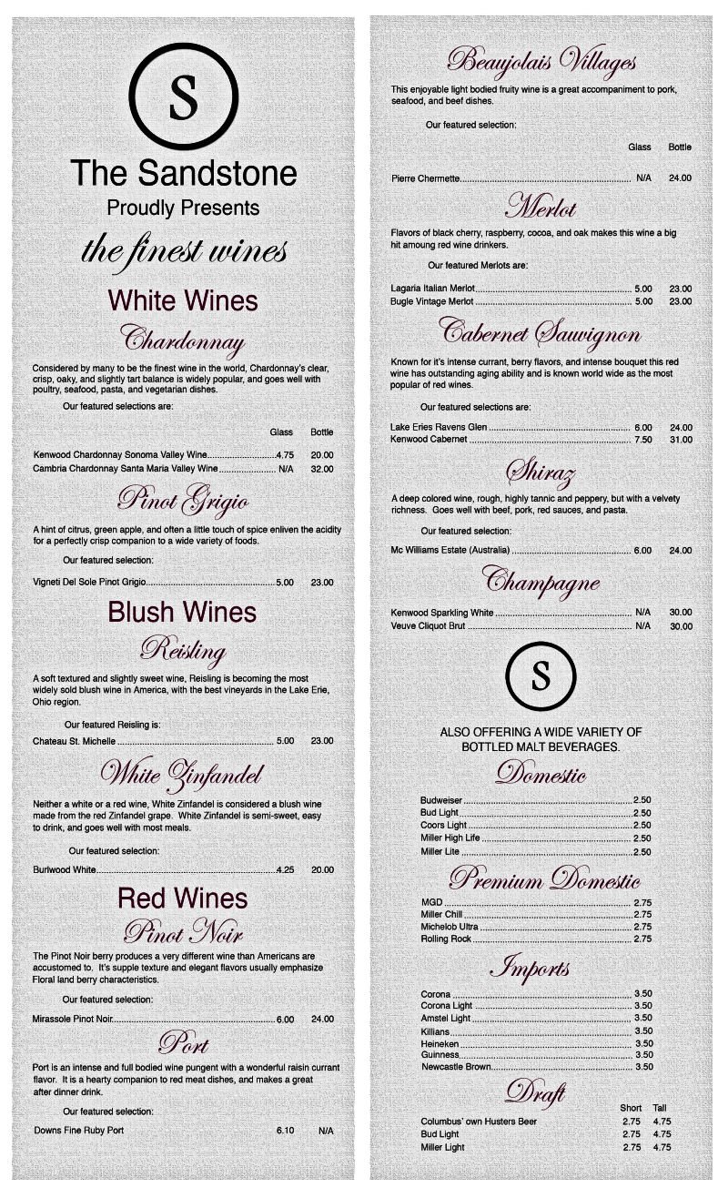 The Sandstone Restaurant Menu in the Hocking Hills-Ohio